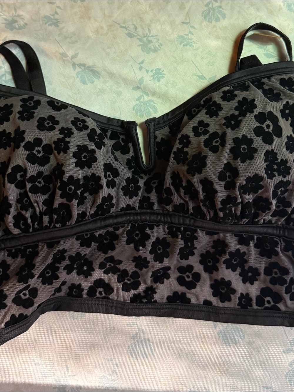 PINK by Victoria Secret Black Floral Mesh Longline Bralette with Flocked Flowers